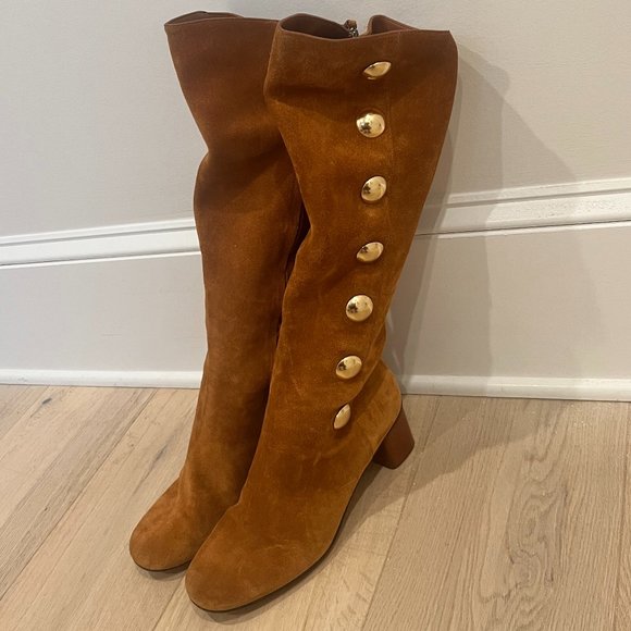 Chloé Suede Gold Button Knee-High Boots - Picture 3 of 6